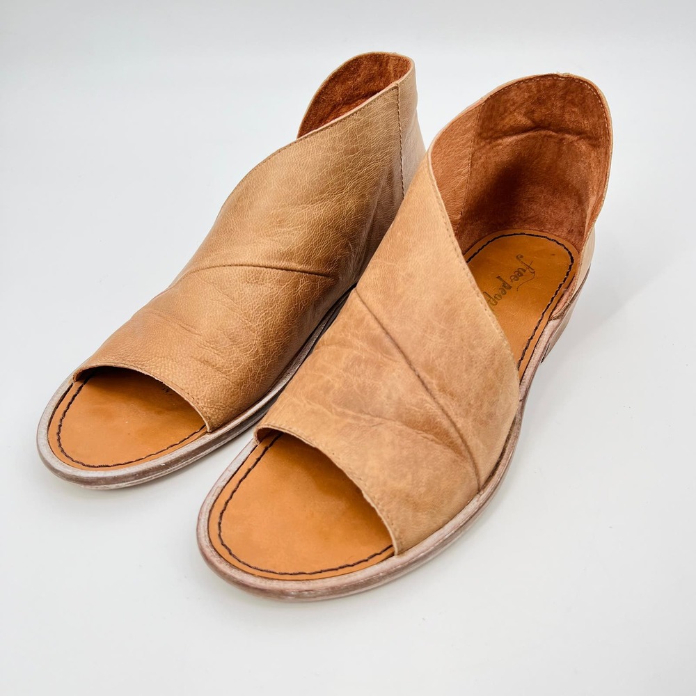 Free People Mont Blanc Brown Leather Open Toe Slip On Boho Sandals Sz 39 US 8.5